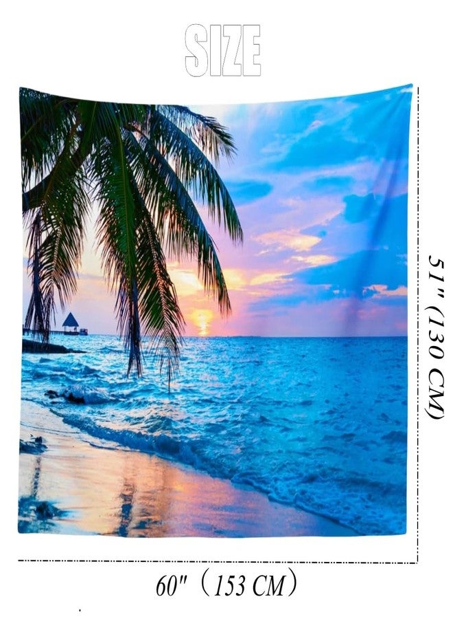 IcosaMro Ocean Tapestry for Bedroom Beach Palm Tree Wall Hanging Sunrise Decor, 51x60 Inches, Blue - Image 5